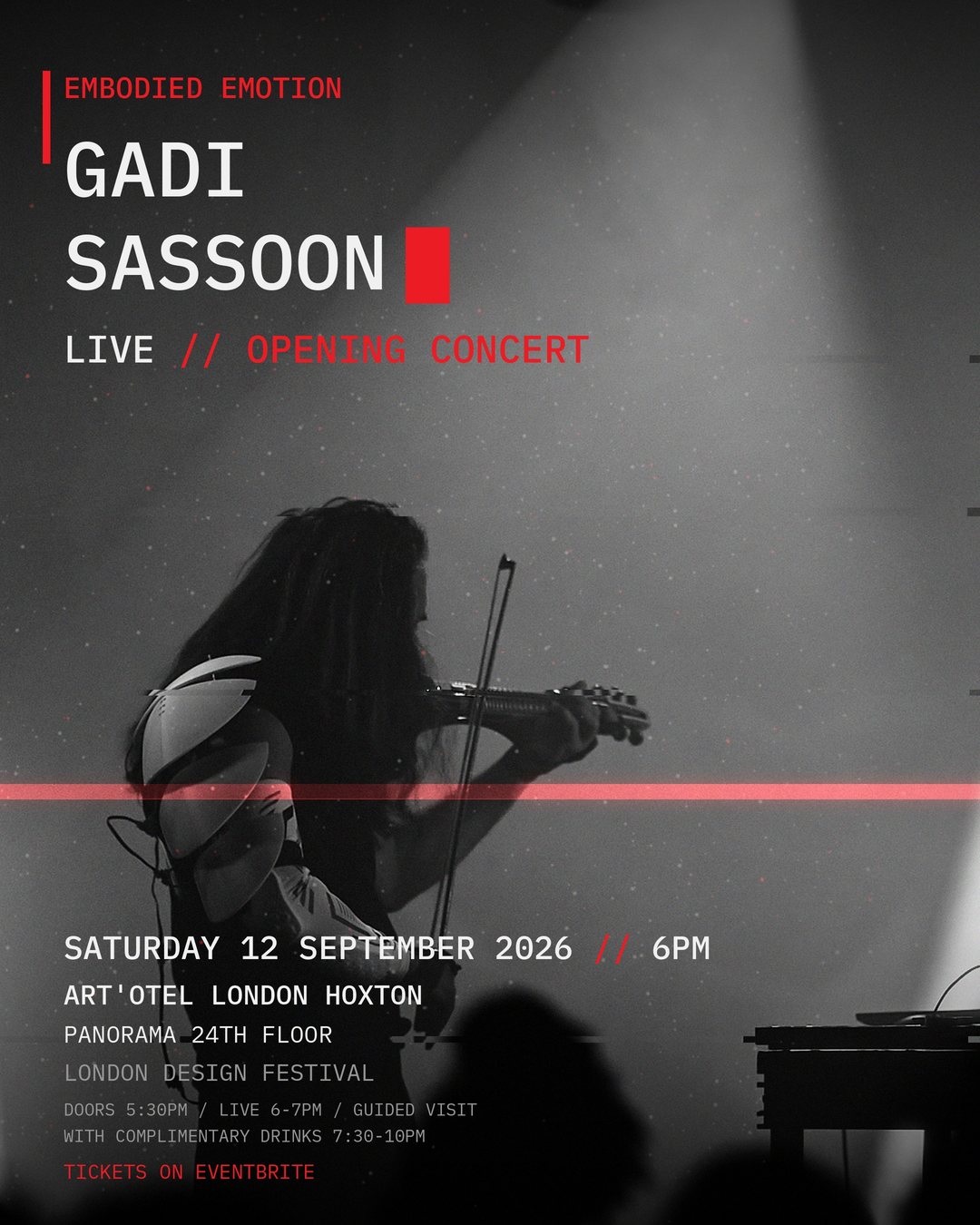 Concert poster: Gadi Sassoon live, opening concert, Saturday 12 September 2026, 6 pm, art'otel London Hoxton, Panorama 24th floor, London Design Festival. Tickets on Eventbrite.